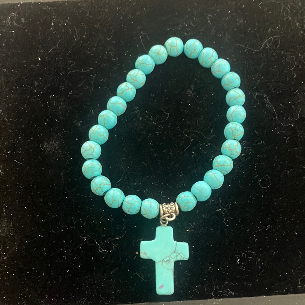 Turquoise look stretch Beaded Cross Bracelet